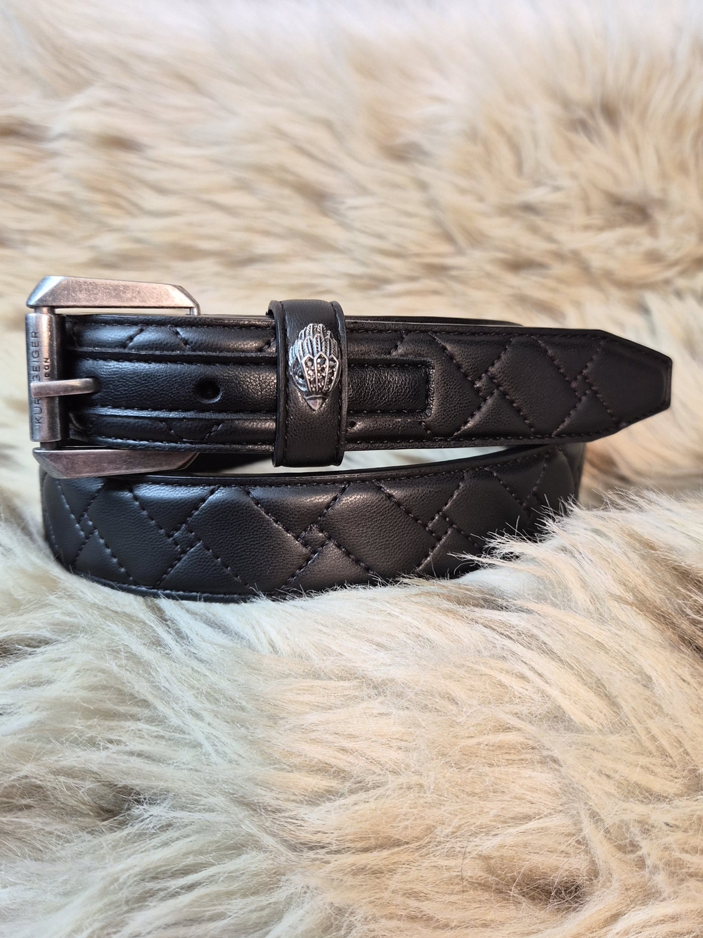Kurt Geiger London Kensington Quilted Black Leather Belt with Eagle Women's M/L